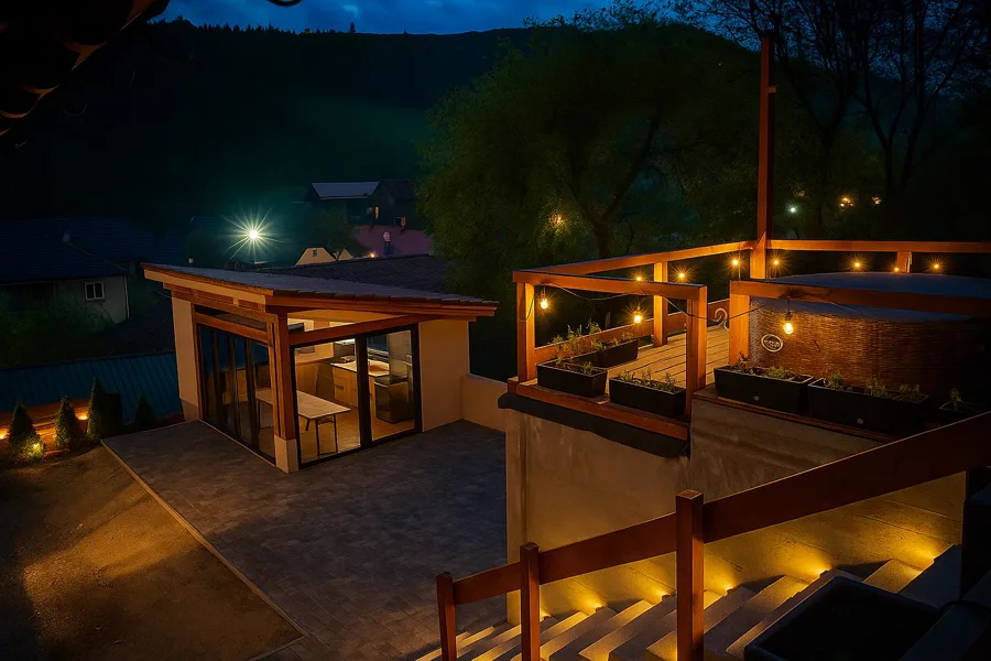 Gazebo lit up at night with fairy lights — magical winter evening